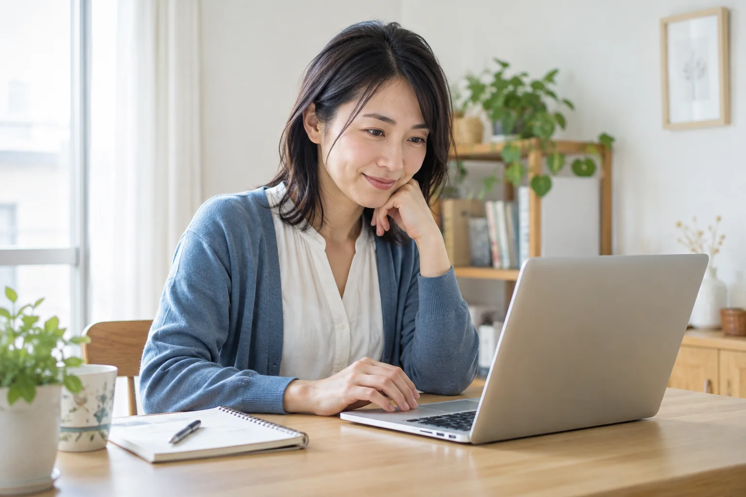 デスクでパソコンを使って作業する女性