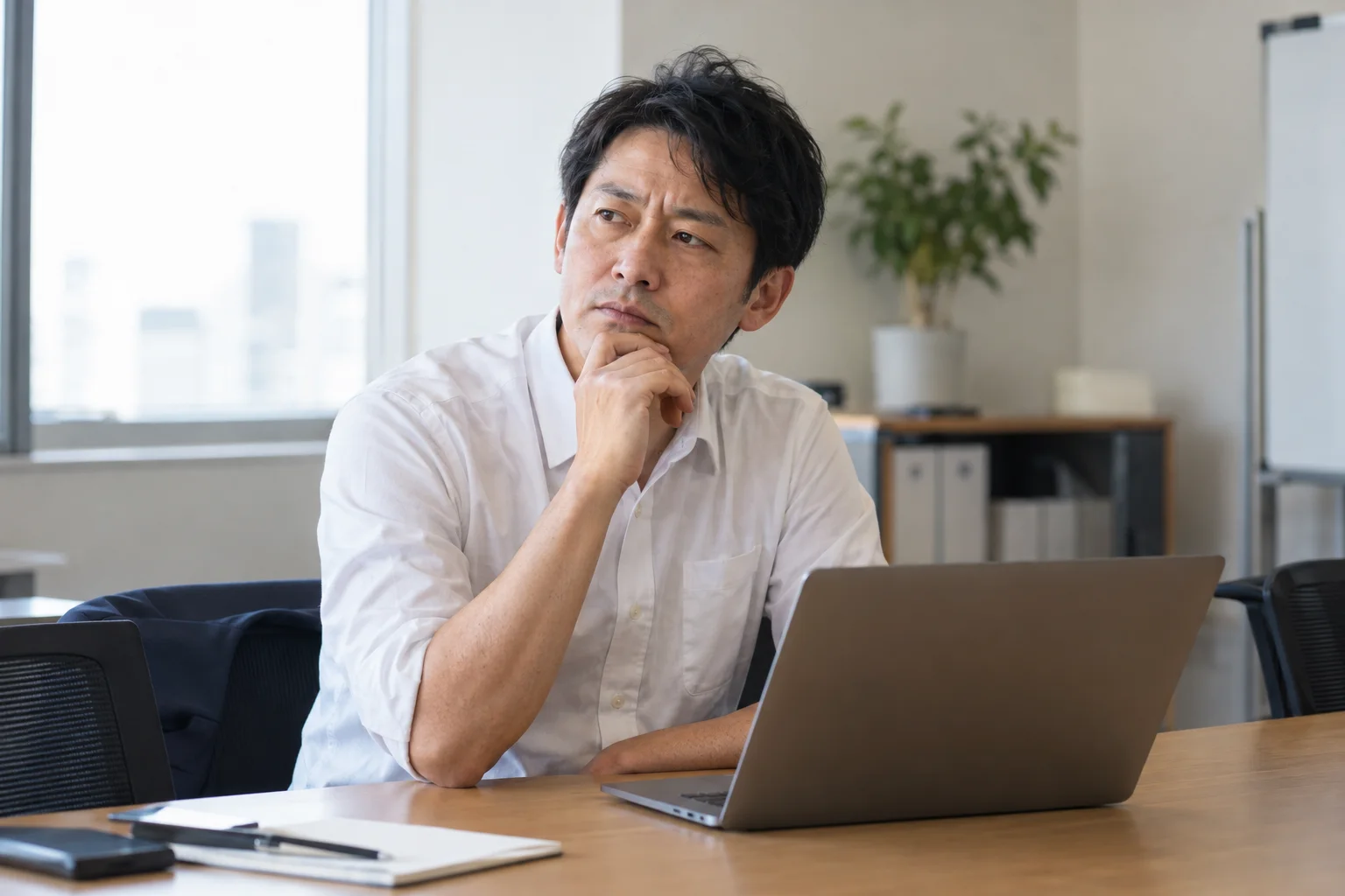 机に向かい、考えを巡らせる男性